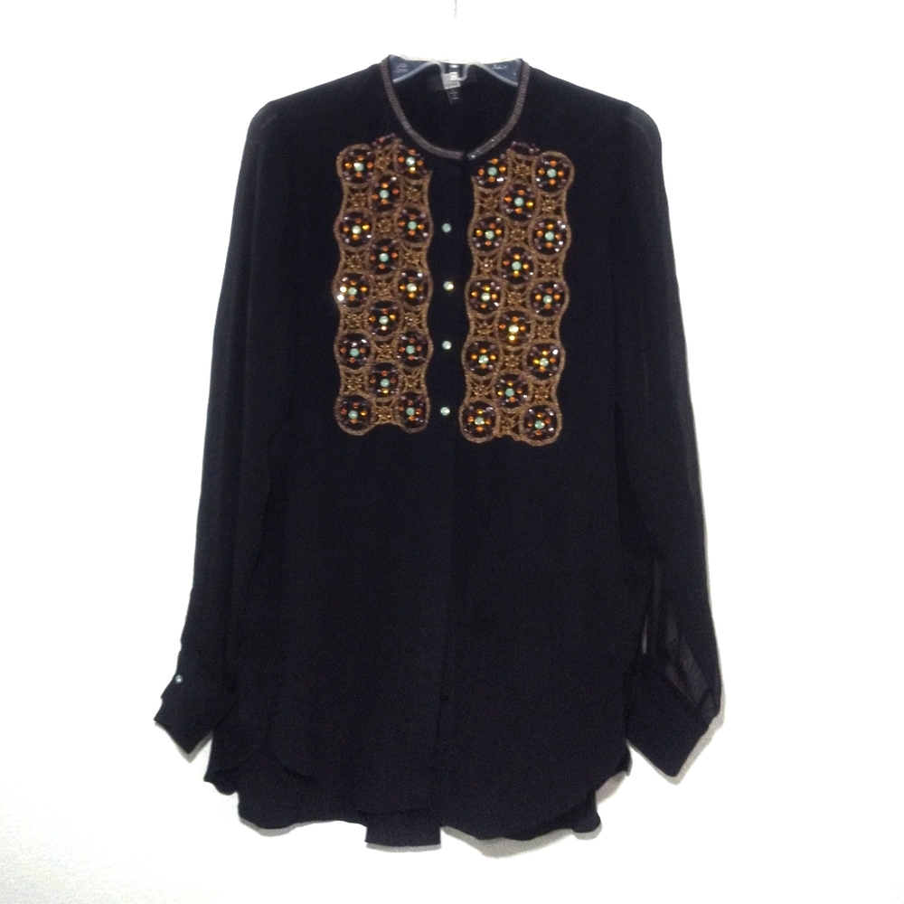Saks Fifth Avenue Black Silk Beaded Bib Button Down Shirt 6
